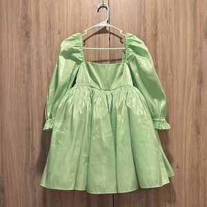 Selkie Puff Mini Babydoll Long Sleeve Dress in Avocado Green
